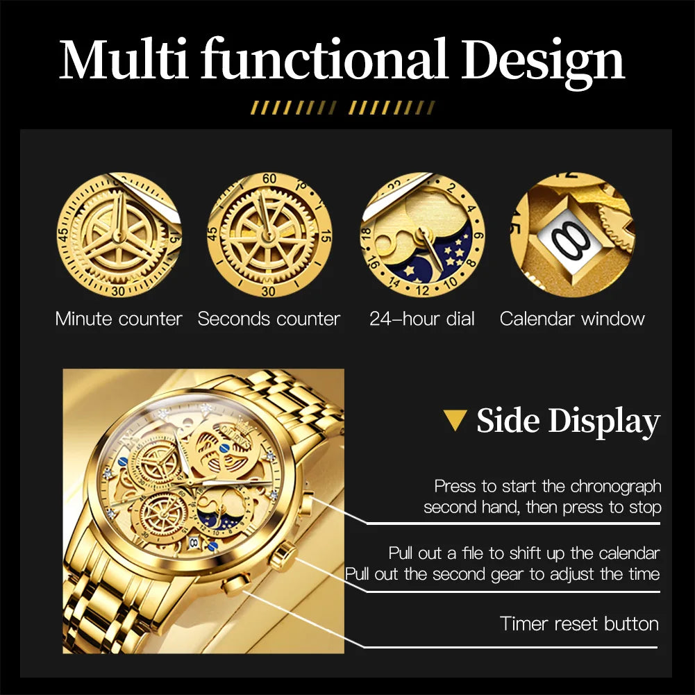 Luxury Waterproof Men's Quartz Watch – Gold Skeleton Design