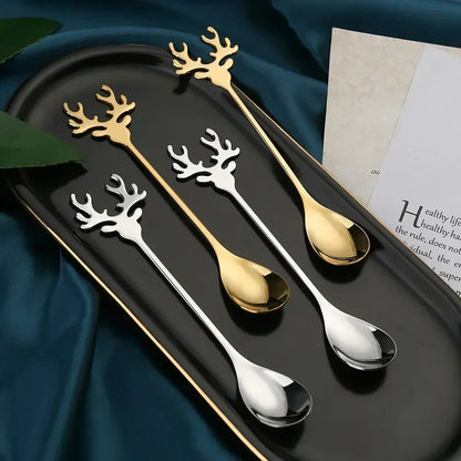 4 pcs Christmas Elk Head Stainless Steel Coffee Spoons