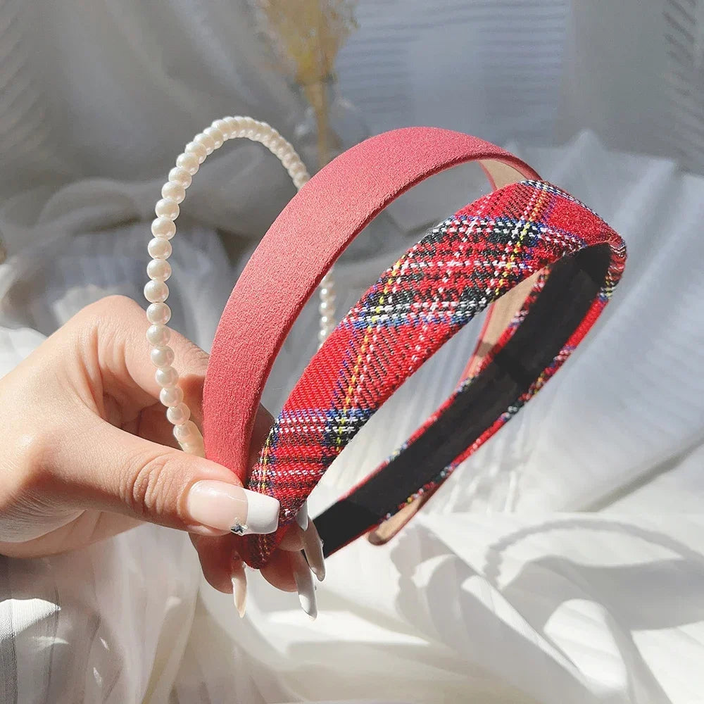 3 pcs Fashion Cloth Hair Bands | Women's Plaid & Imitation Pearl Headbands