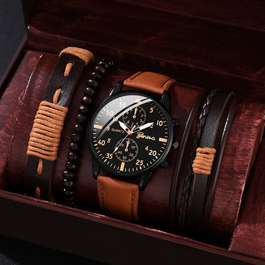 Men's Quartz Watch Set with Bracelet - Casual Leather Band