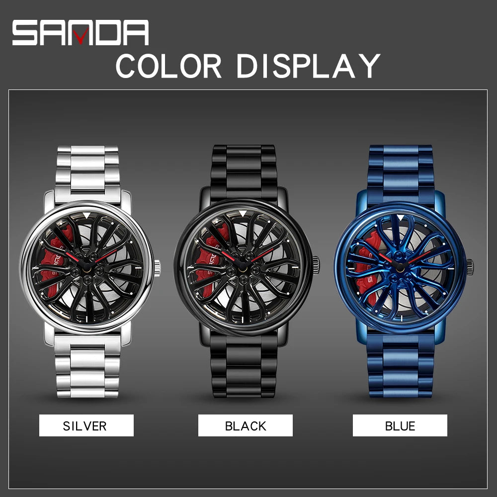 Sporty Men’s Car Rim Wristwatch - 360° Rotating Wheel Dial