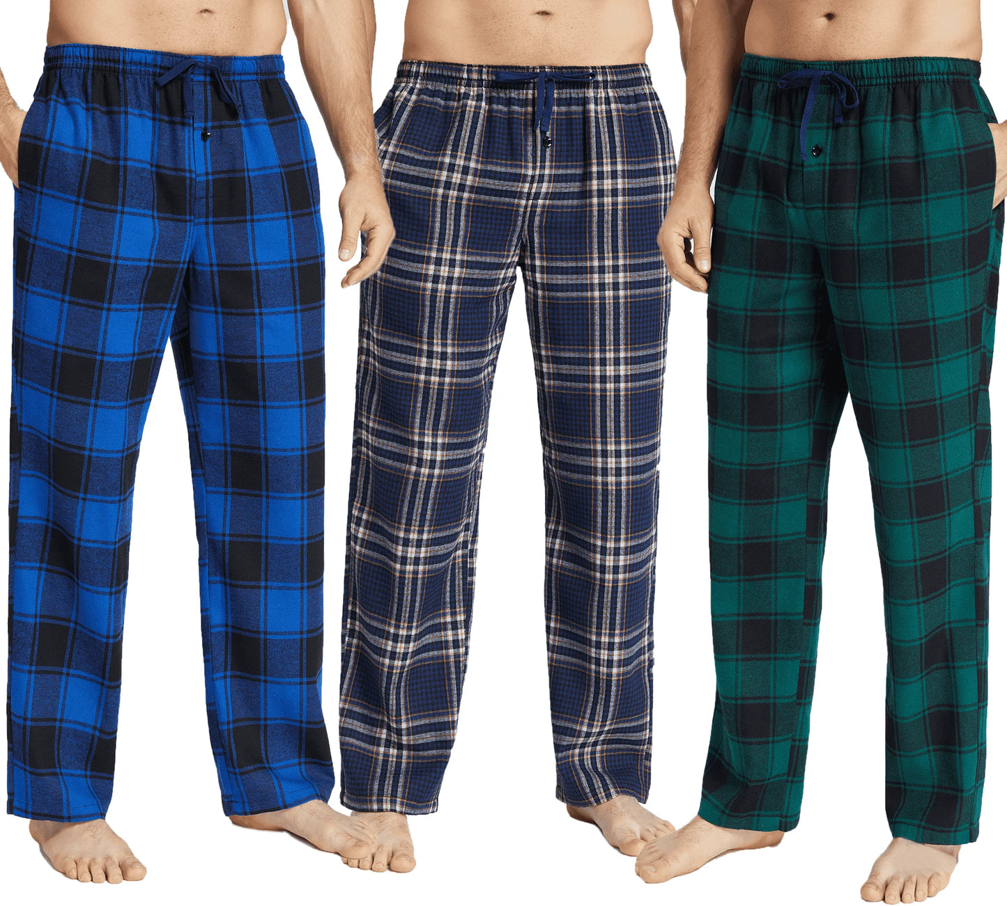 JupiterSecret 3-Piece Men's Flannel Pajama Set - Cotton Plaid Lounge Pants