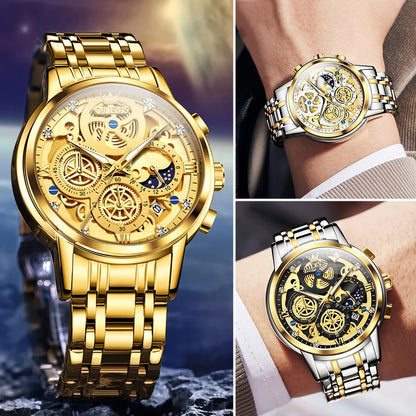 Luxury Waterproof Men's Quartz Watch – Gold Skeleton Design