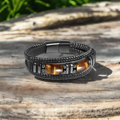 Handmade Tiger Eye and Black Leather Bracelet for Men