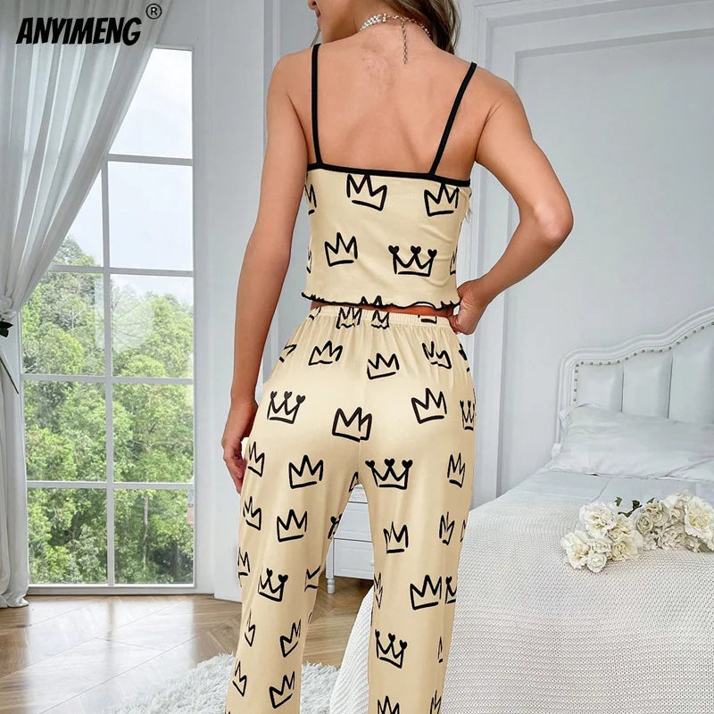 Crown Print Sling Wide-Leg Pajamas Set | Soft Milk Silk Sleepwear