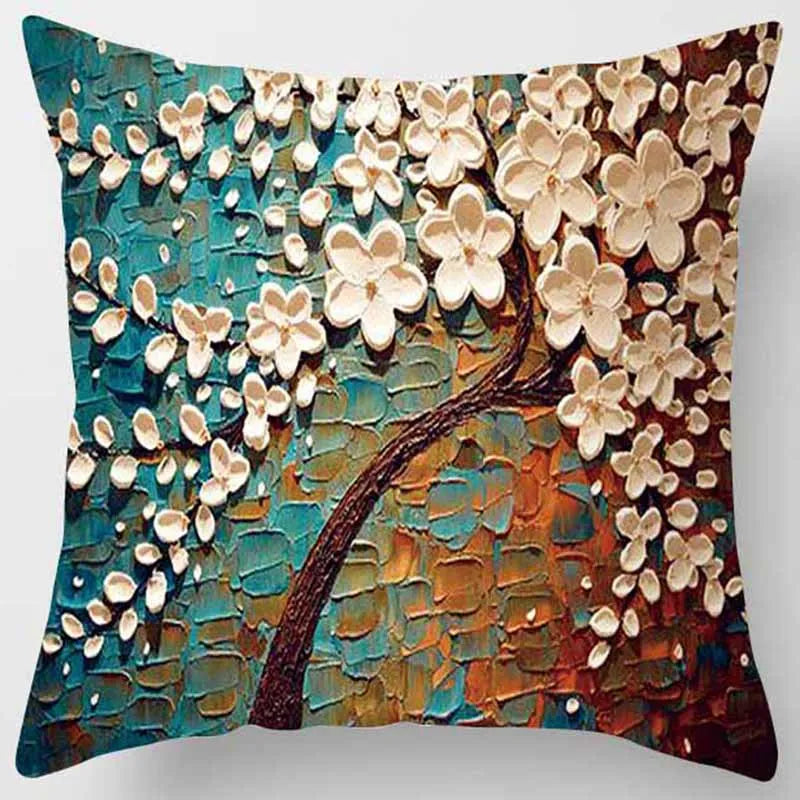 Peach Skin Velvet Oil Painting Tree Flower Pattern Pillow Protector 45x45cm