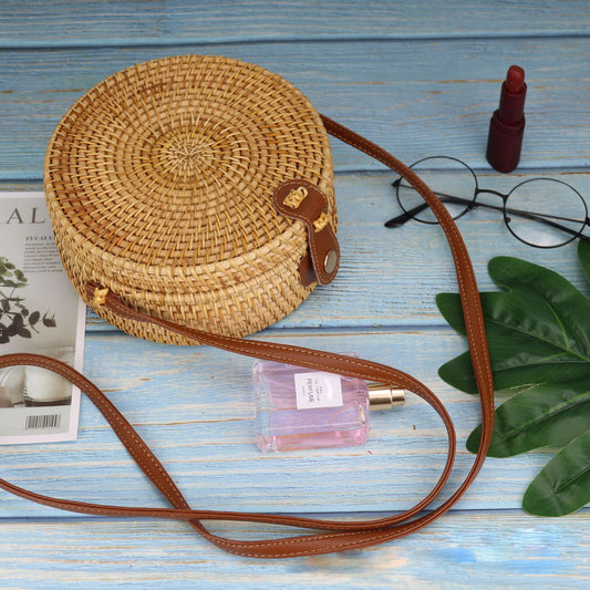 Rattan Woven Shoulder Bag | Round Straw Beach Bag