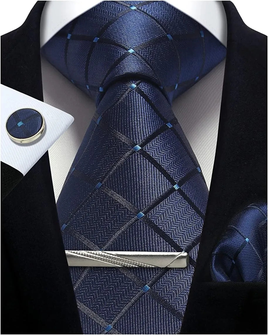 100% Silk Men's Tie Set – 8cm Business Necktie with Handkerchief & Cufflinks