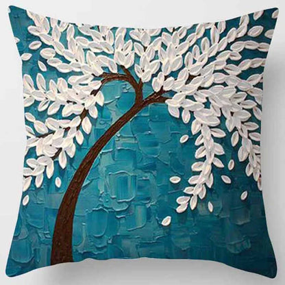 Peach Skin Velvet Oil Painting Tree Flower Pattern Pillow Protector 45x45cm