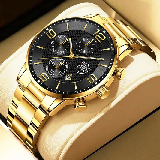 Luxury Gold Stainless Steel Watch for Men with Luminous Features