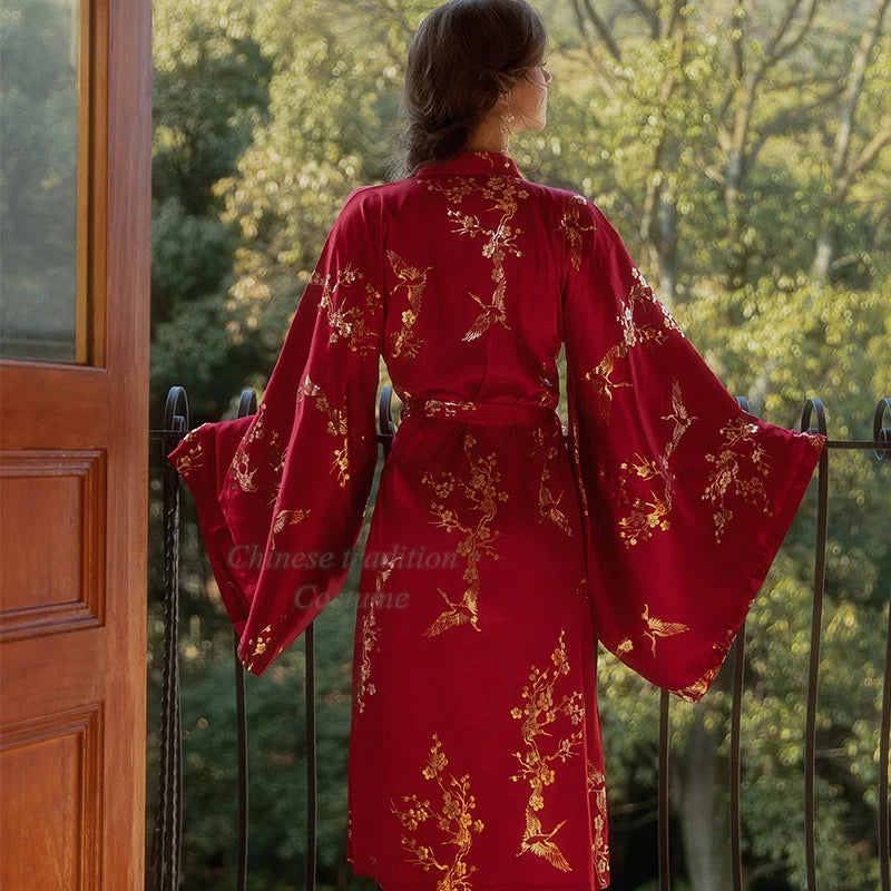 Luxury Burgundy Kimono Robe - Elegant Satin