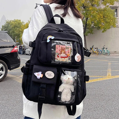 Preppy School Bag | Cute Nylon Student Backpack with Badge Pendant