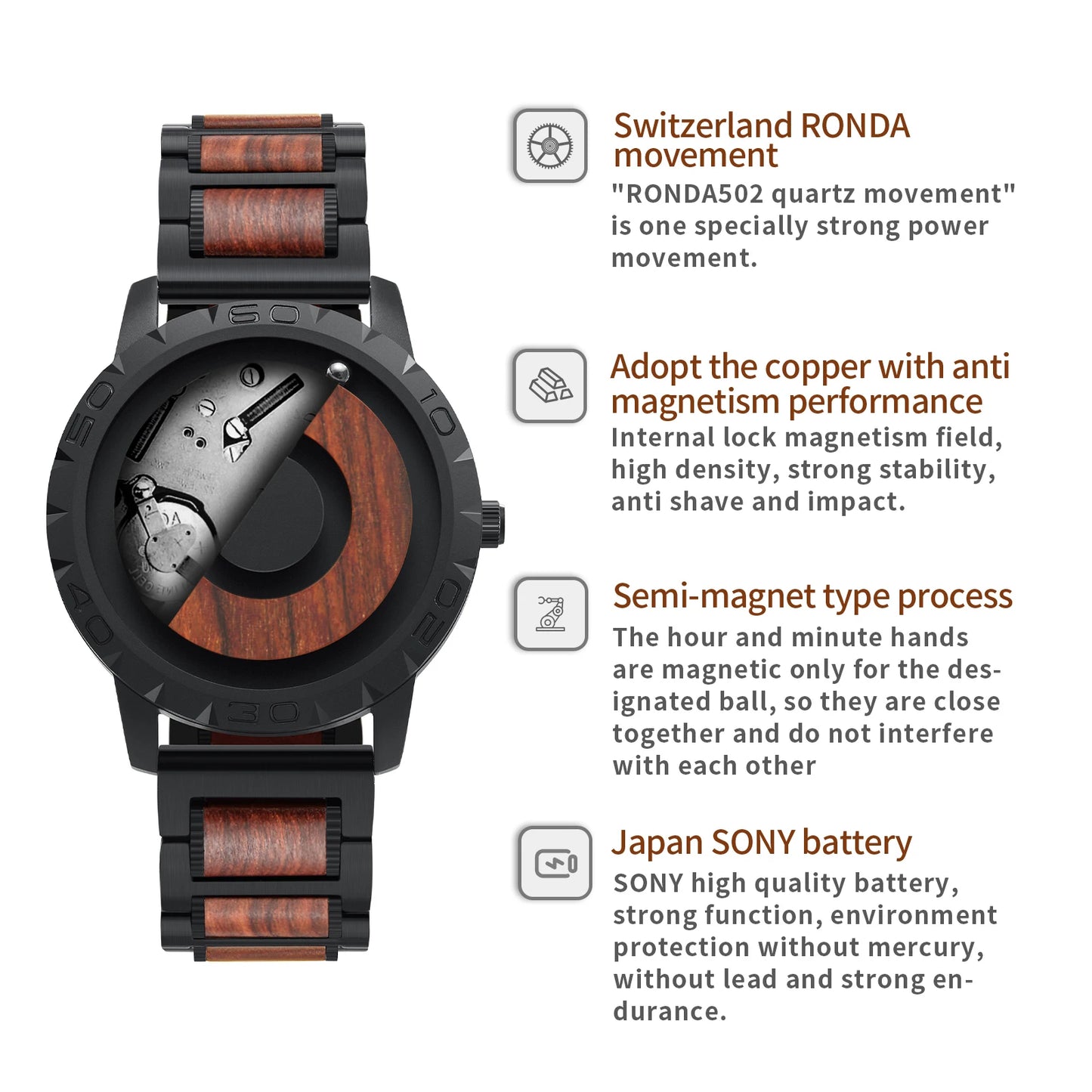 EUTOUR Men's Solid Wood Magnetic Watch: Luxury Sport Quartz Timepiece