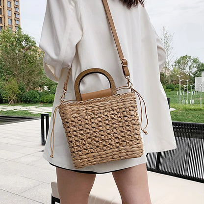 Straw Beach Tote Bag | Summer Designer Handbag with Drawstring & Crochet Woven