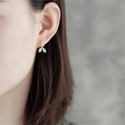 925 Sterling Silver Green Leaf Stud Earrings