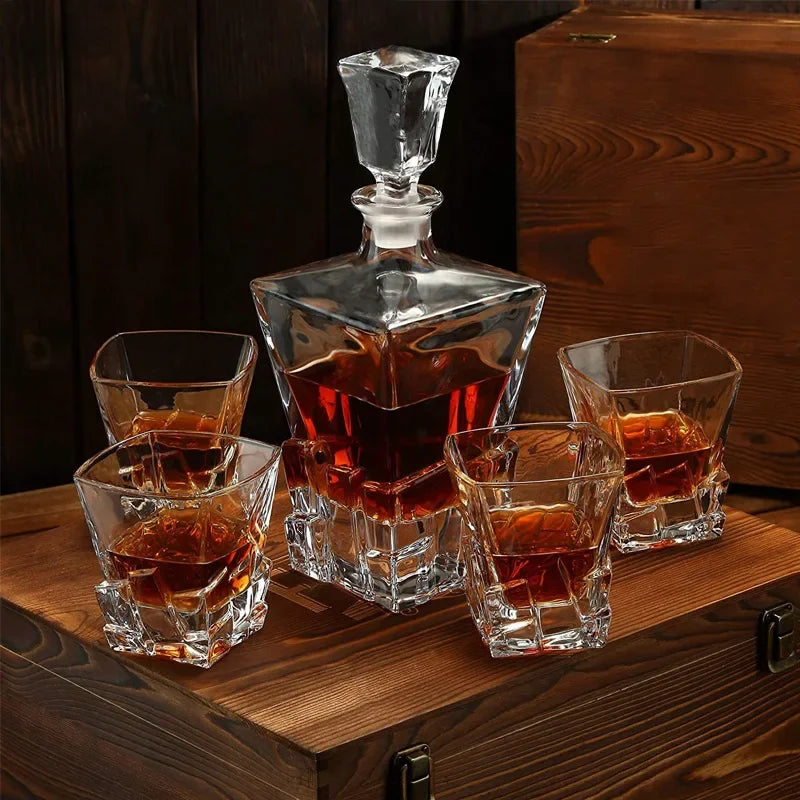 Whiskey Decanter Set with Wood Box – Diamond Shape, 4 Glasses