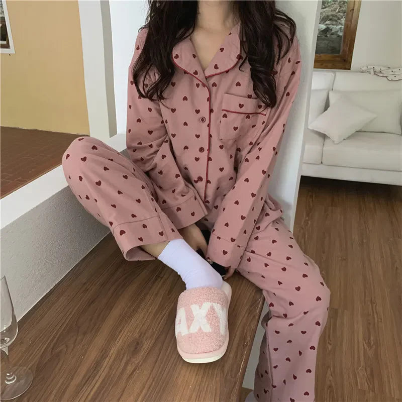 Heart Print Cotton Pajama Set | Casual Sleepwear