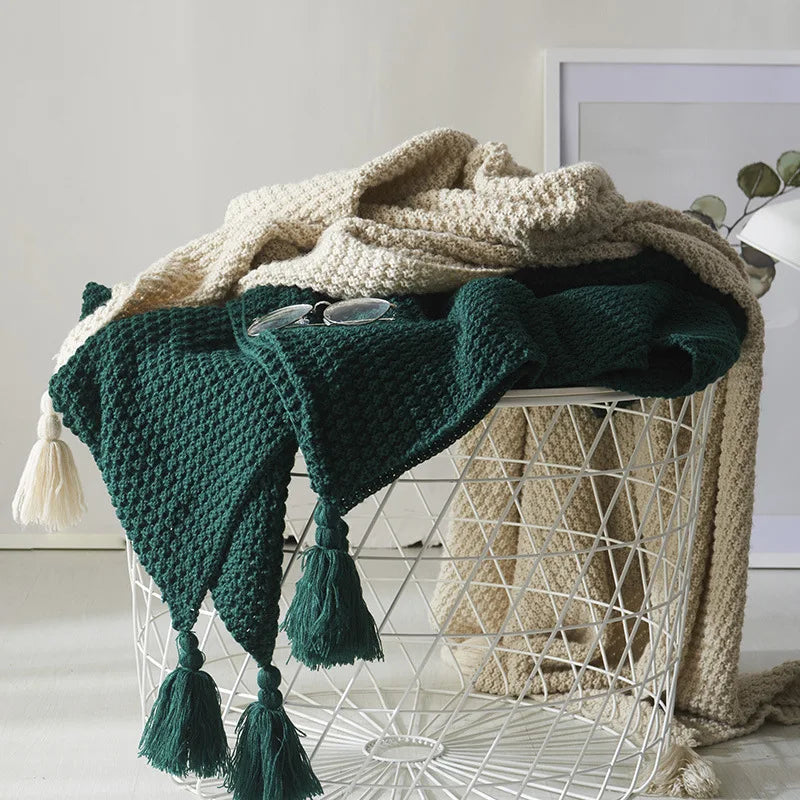 Nordic Wool Blanket with Tassels and Knitted Balls