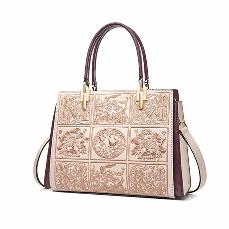 Leather Women's Bag | Trendy Embroidery Shoulder & Tote Handbag