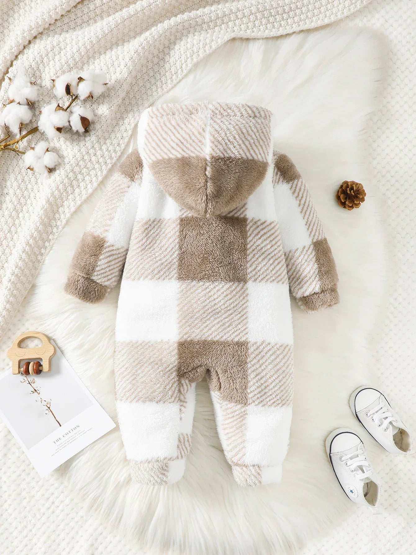 Plaid Hooded Baby Romper | Warm Plush Jumpsuit for Toddlers