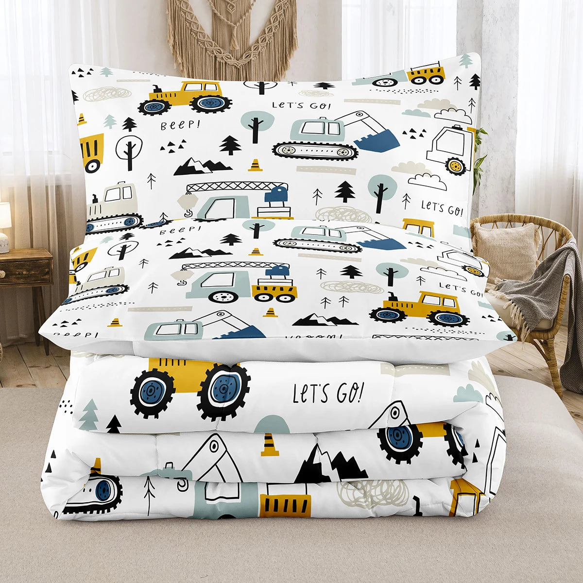 Cartoon Car Kids Comforter Set | Construction Trucks & Excavator Bedding