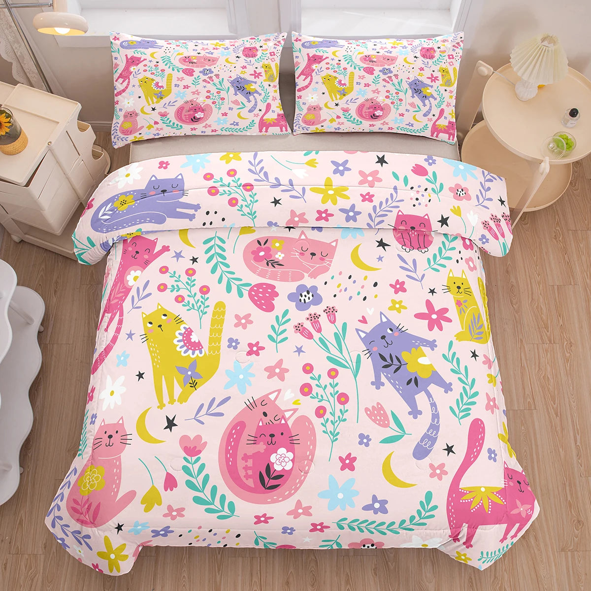 Floral Pink Cat Comforter Set for Kids & Teens | Lightweight Down Alternative