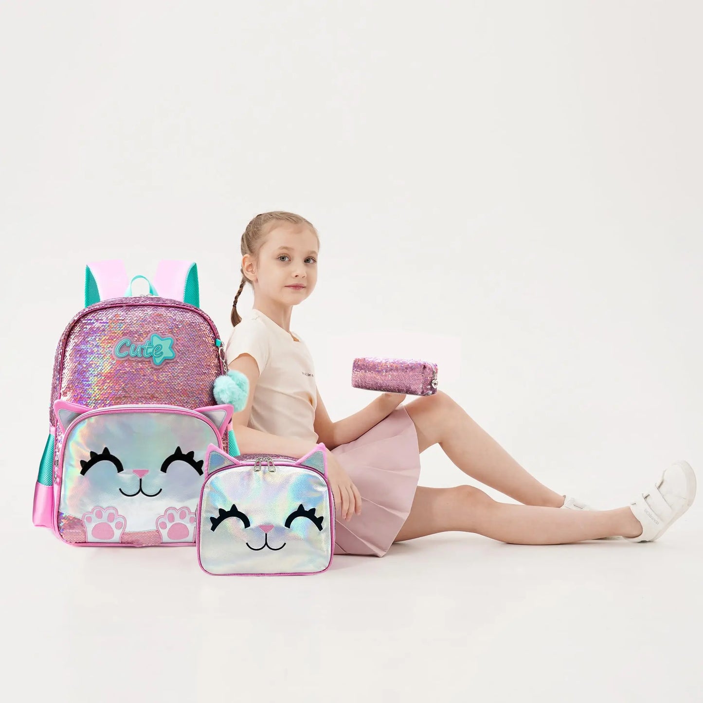 3 pcs Cute Pink Cat Backpack Set for Girls – Sequined