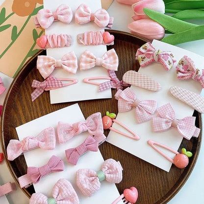 8 pcs Cute Pink Snap Clips | Baby Plaid Bowknot & Lace Hairpins