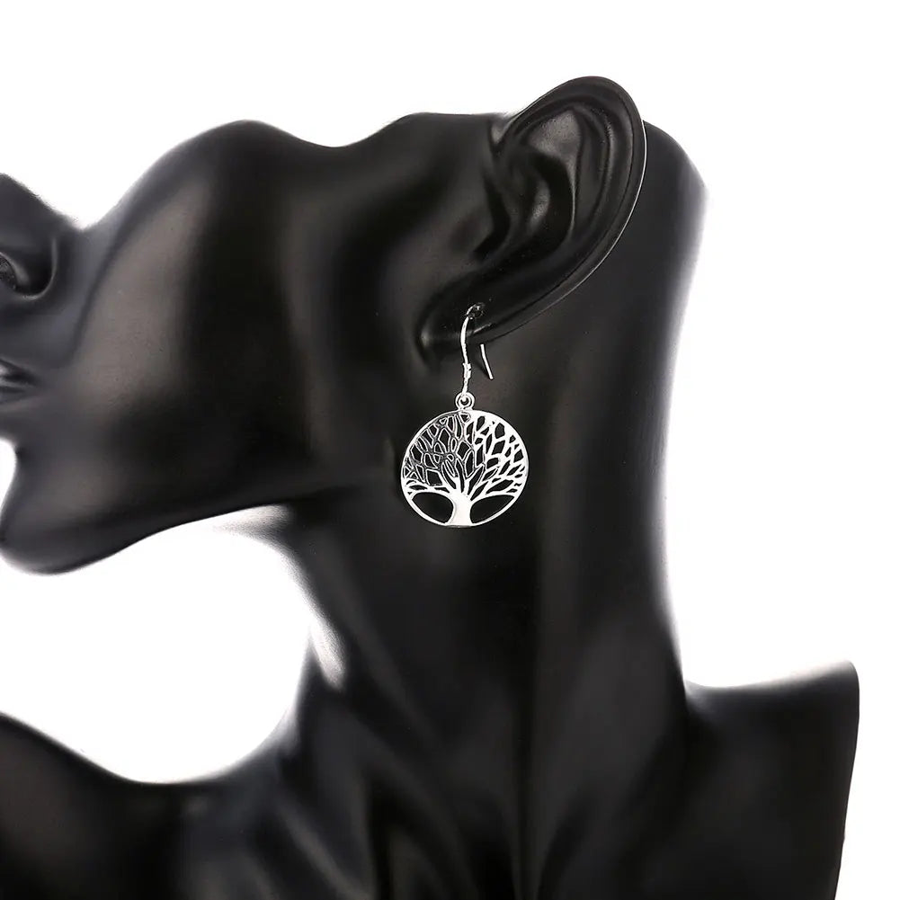 925 Sterling Silver Hollow Round Tree Drop Earrings