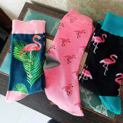 Funny Flamingo Pattern Cotton Crew Socks for Men - Stylish & Comfortable