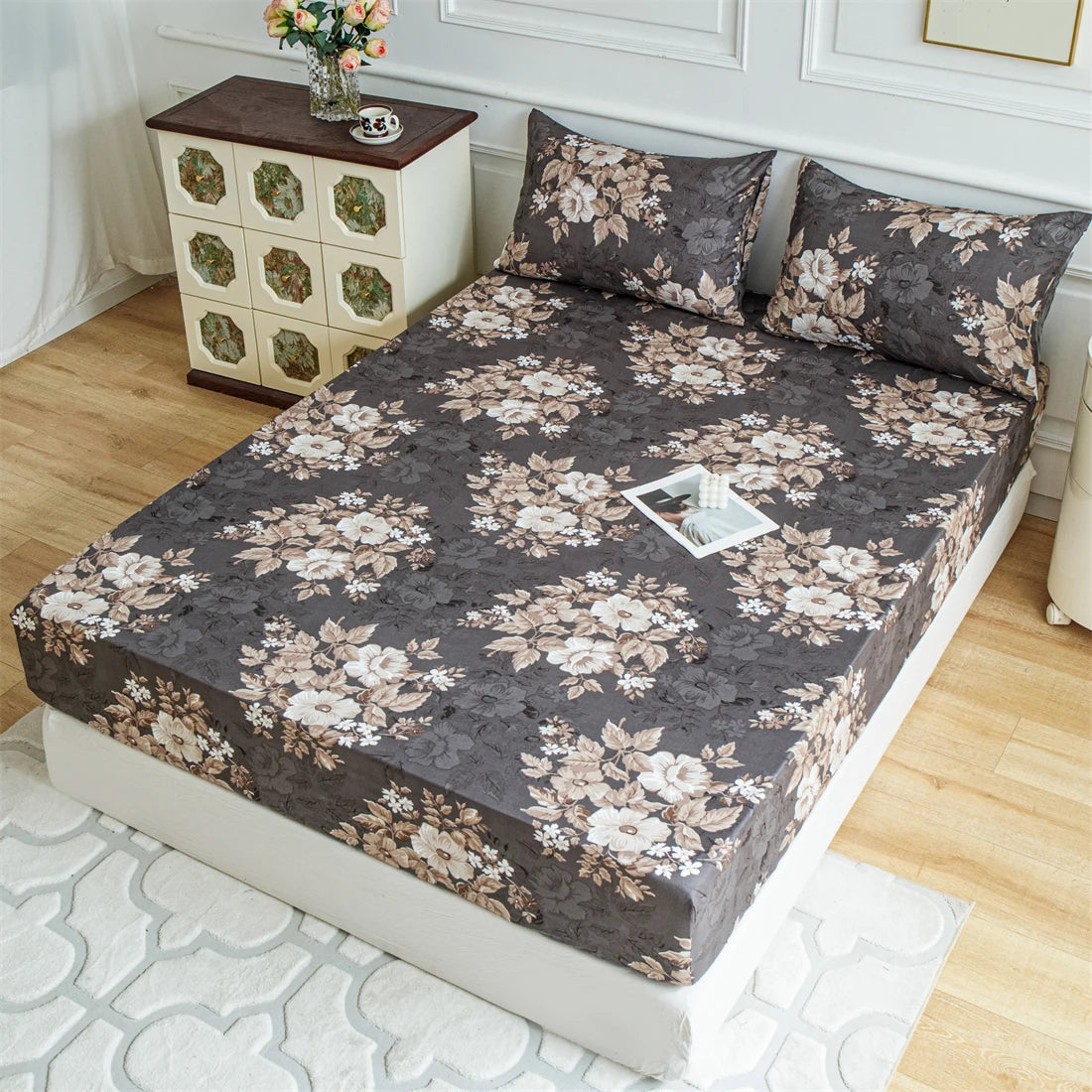 Brown Flowers Fitted Sheet | 100% Polyester Mattress Cover | Minimalist Design