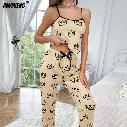 Crown Print Sling Wide-Leg Pajamas Set | Soft Milk Silk Sleepwear