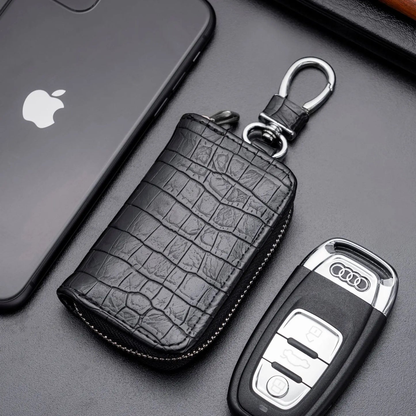 Fashion Leather Car Key Bag – Crocodile Pattern Zipper Keychain, Men’s Key Holder & Cow Split Key Organizer Pouch Wallet