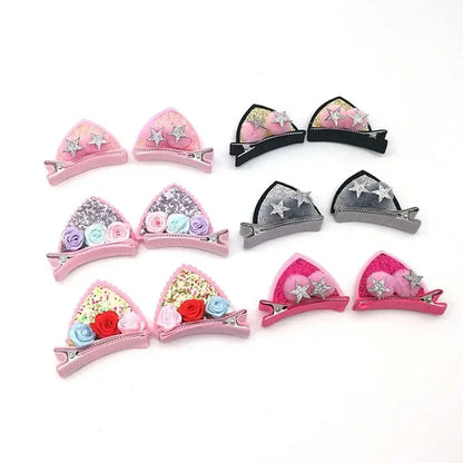 2 Pcs Cute Cat Ear Hair Clips | Glitter Rainbow