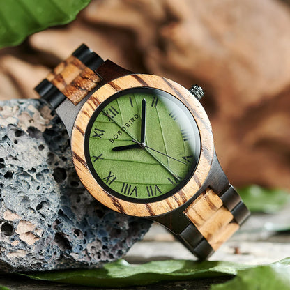 Men's Wooden Quartz Watch with Genuine Leaf Dial and Gift Box