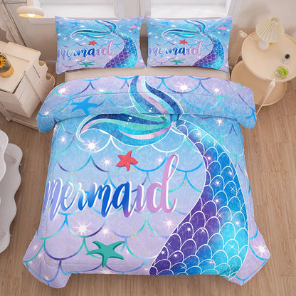 Mermaid Tail Comforter Set for Kids | Sparkle Teal Purple Rainbow Decor