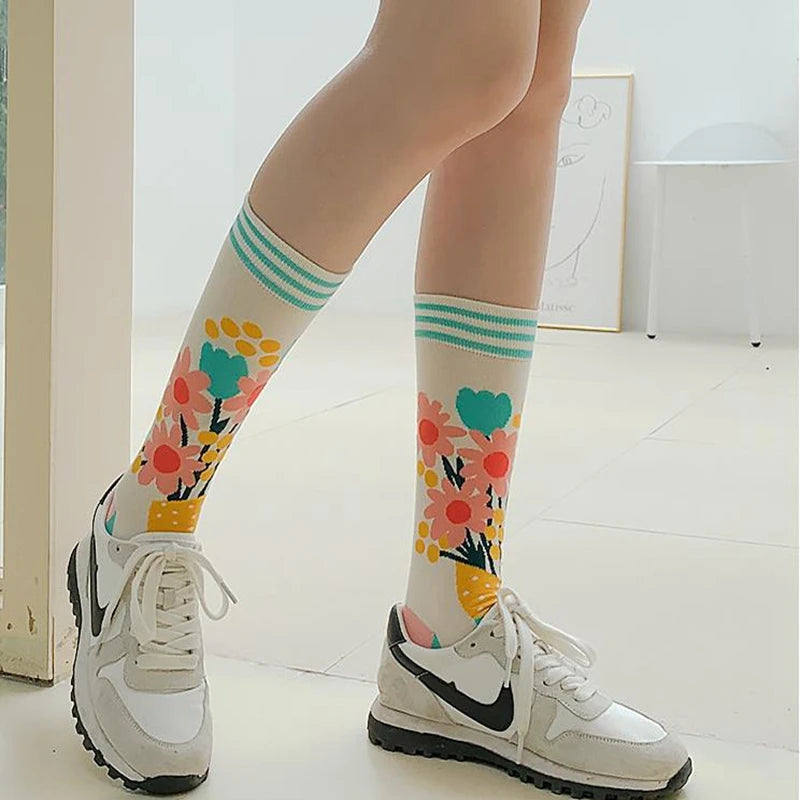 Colorful Spring Autumn Women's Cotton Socks - Plant, Hedgehog, Sloth Designs Series 2