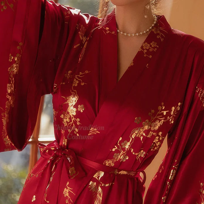 Luxury Burgundy Kimono Robe - Elegant Satin