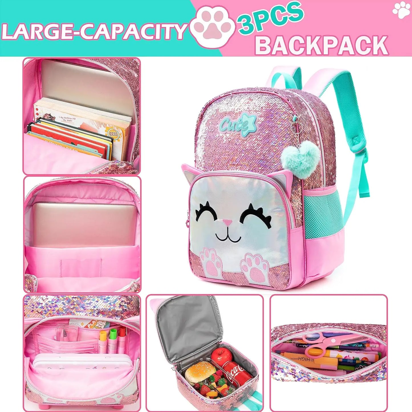 3 pcs Cute Pink Cat Backpack Set for Girls – Sequined