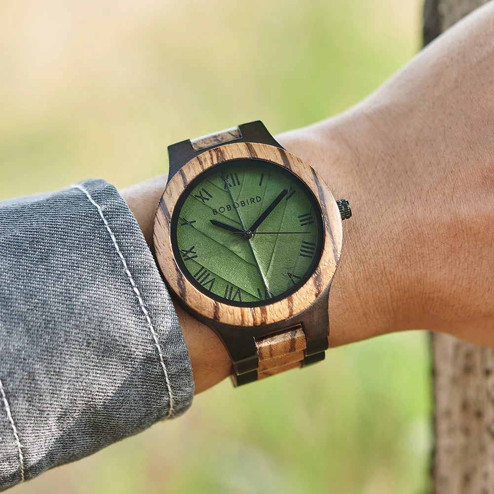 Men's Wooden Quartz Watch with Genuine Leaf Dial and Gift Box