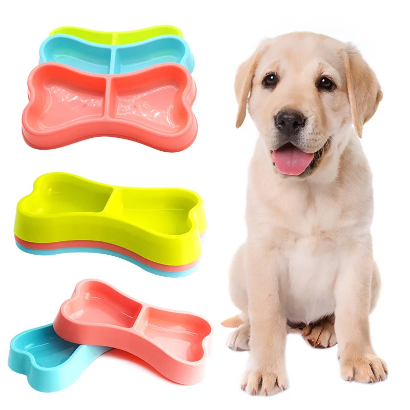 Home Dog Feeder Bowls | Safety Plastic Double Bone-Shaped Pet Dish