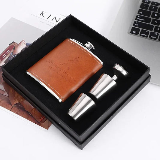 Pocket Flagon Set – Stainless Steel Hip Flask with Travel Cups &Gift Box