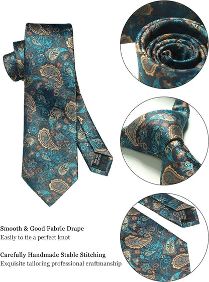 100% Silk Paisley Floral Necktie Set – Tie, Pocket Square, Clip & Cufflinks