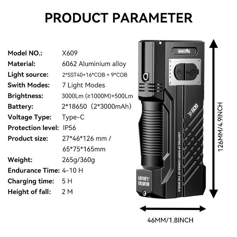 Warsun 3000Lm Rechargeable LED Tactical Flashlight