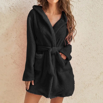 Women’s Winter Bathrobe - Plush Coral Fleece Hooded Gown