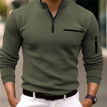 Men's Casual Tooling Style POLO Shirt – Striped Arm Long Sleeve Zipper Splicing