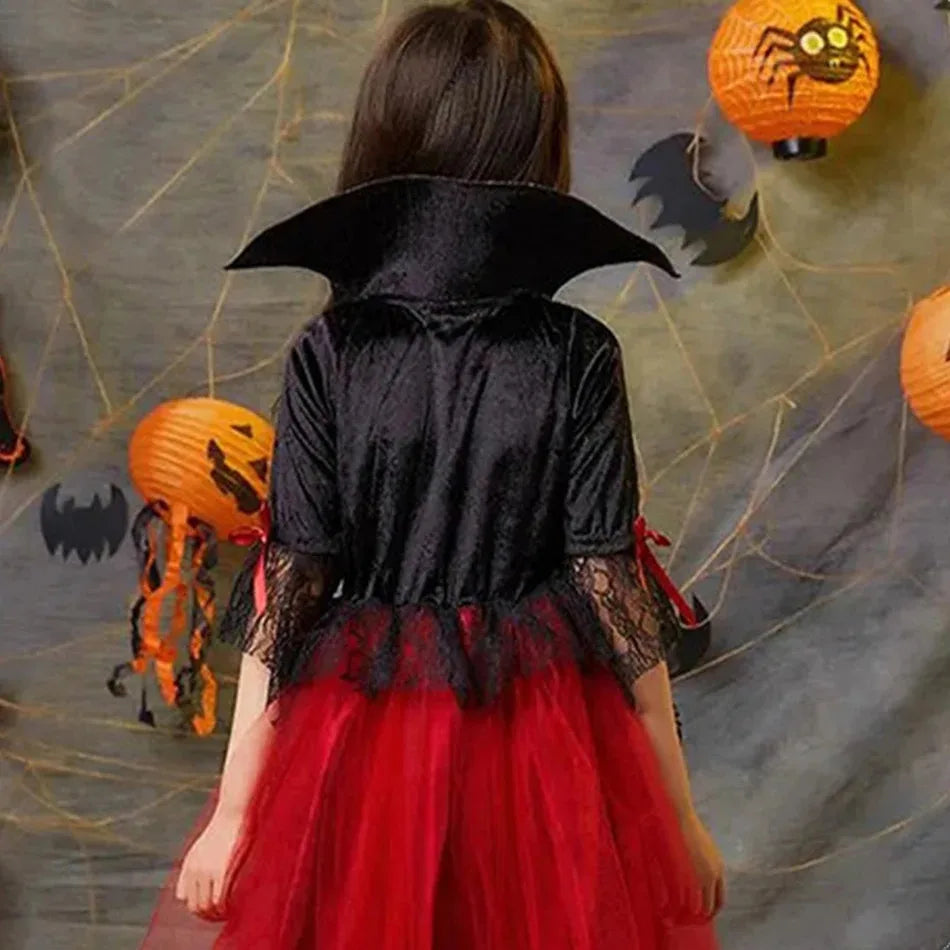 Girls Ghost Bride Costume | Red & Black Tulle Sleeve Dress