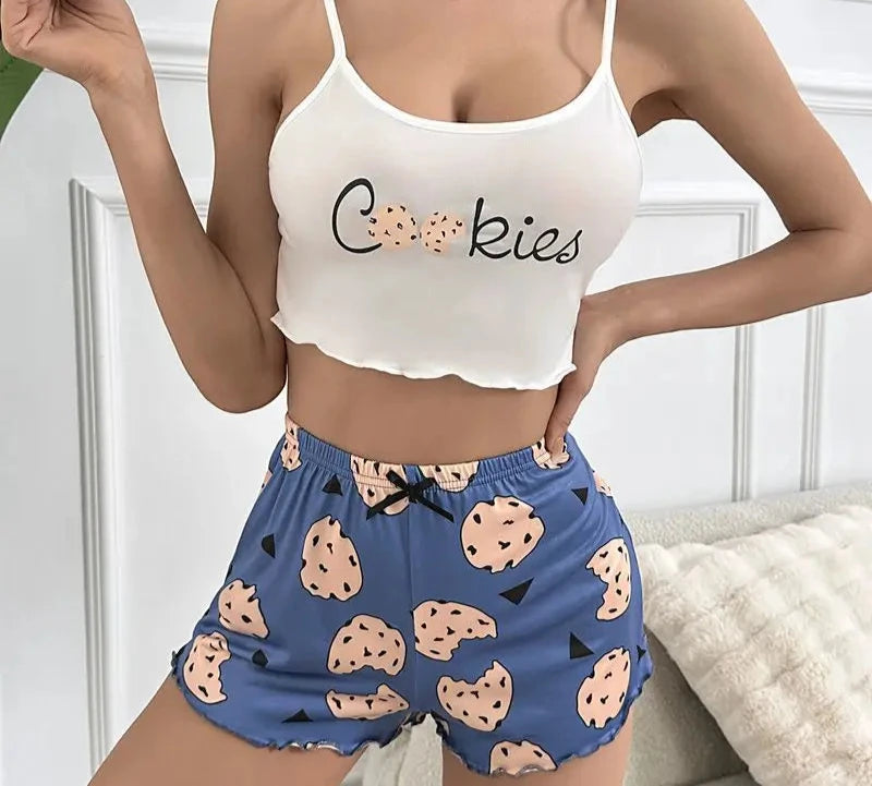 Lovely Cookies Sexy Lingerie Pajama Set | Milk Silk Tank & Shorts