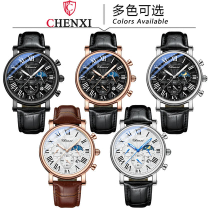 Multi-Function Business Men's Moon Phase Quartz Wristwatch