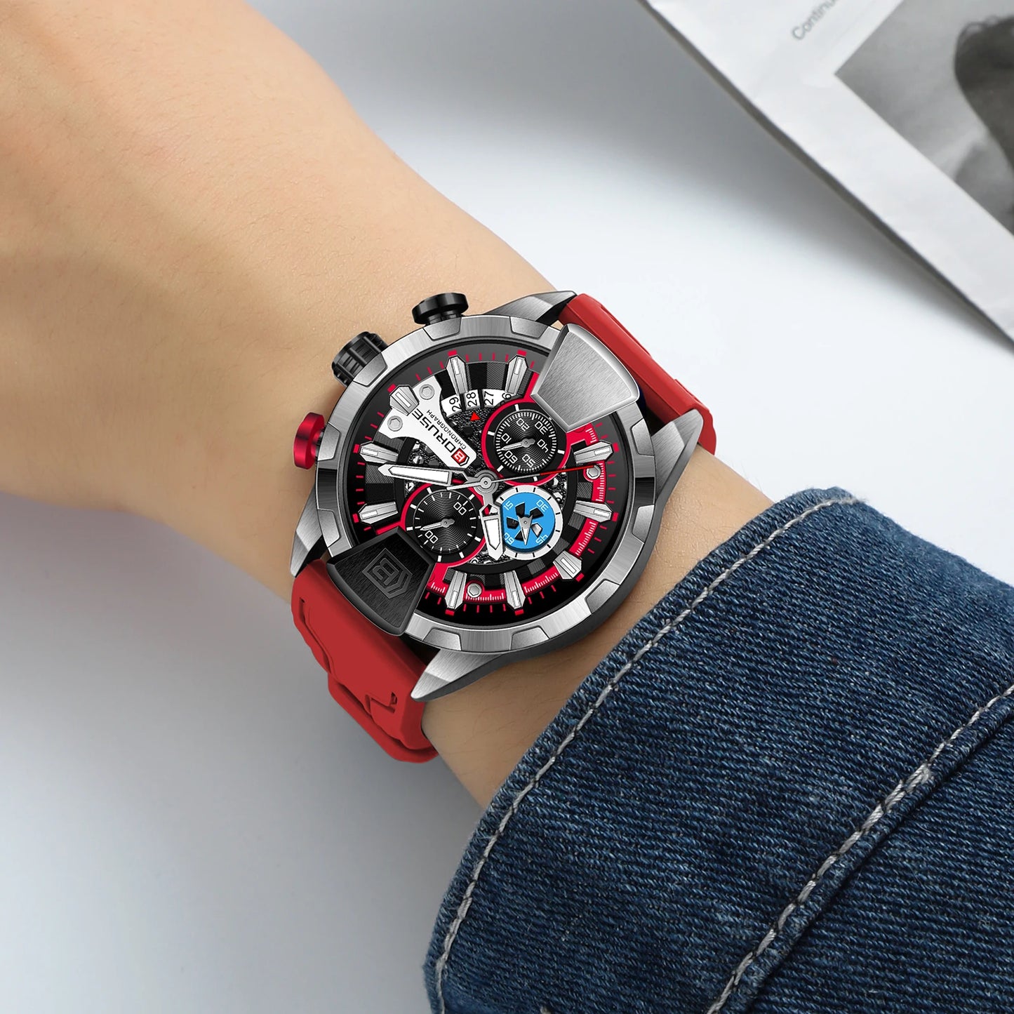 Luxury Red Chronograph Quartz Watch for Men with Silicone Band